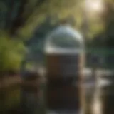 Diverse water containers suitable for ducks in a serene outdoor setting