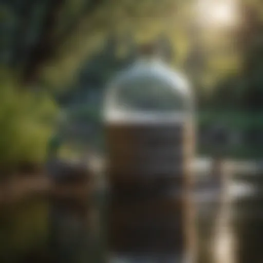 Diverse water containers suitable for ducks in a serene outdoor setting