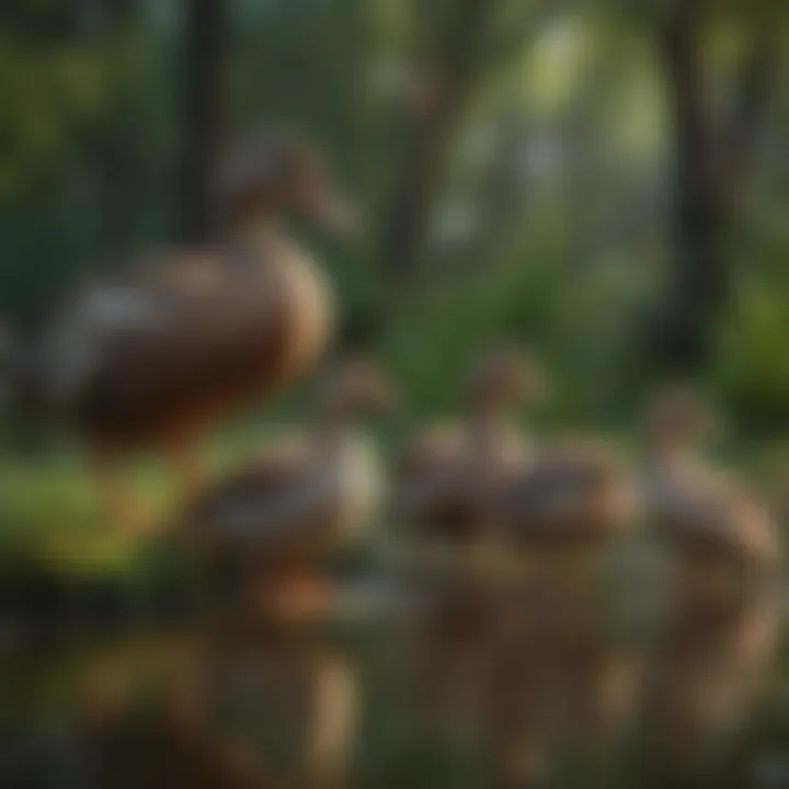 A flock of ducks grazing in a natural environment.