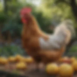 A diverse range of chicken breeds in a lush backyard setting