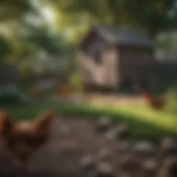 A peaceful backyard environment with a chicken coop and chickens roaming freely.