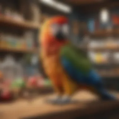 A cozy pet shop showcasing a variety of parrots