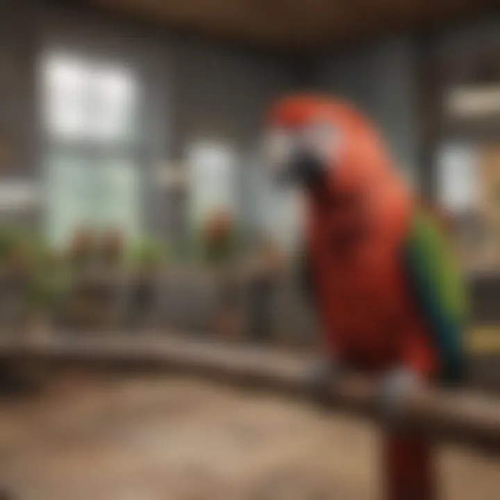 A cozy adoption center with parrots waiting for new homes