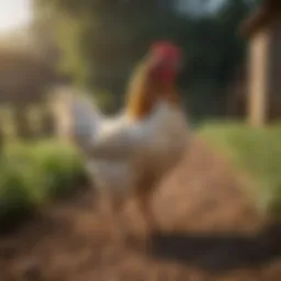 A vibrant Cornish Cross chicken roaming freely in a lush farm environment.