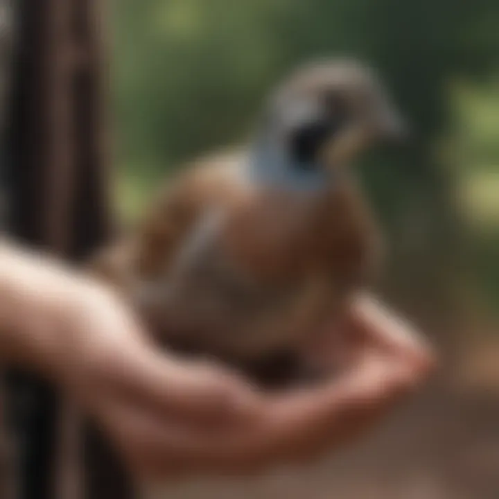 A close-up of a quail being handled gently