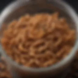 A vibrant display of live mealworms in a container.