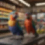 Vibrant talking birds in a pet store
