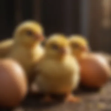 Vibrant chicks hatching from eggs in a brooder