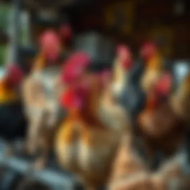 A close-up of various chicken breeds in an outdoor space