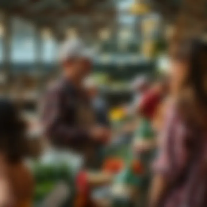 A local farmer interacting with customers at a farm market